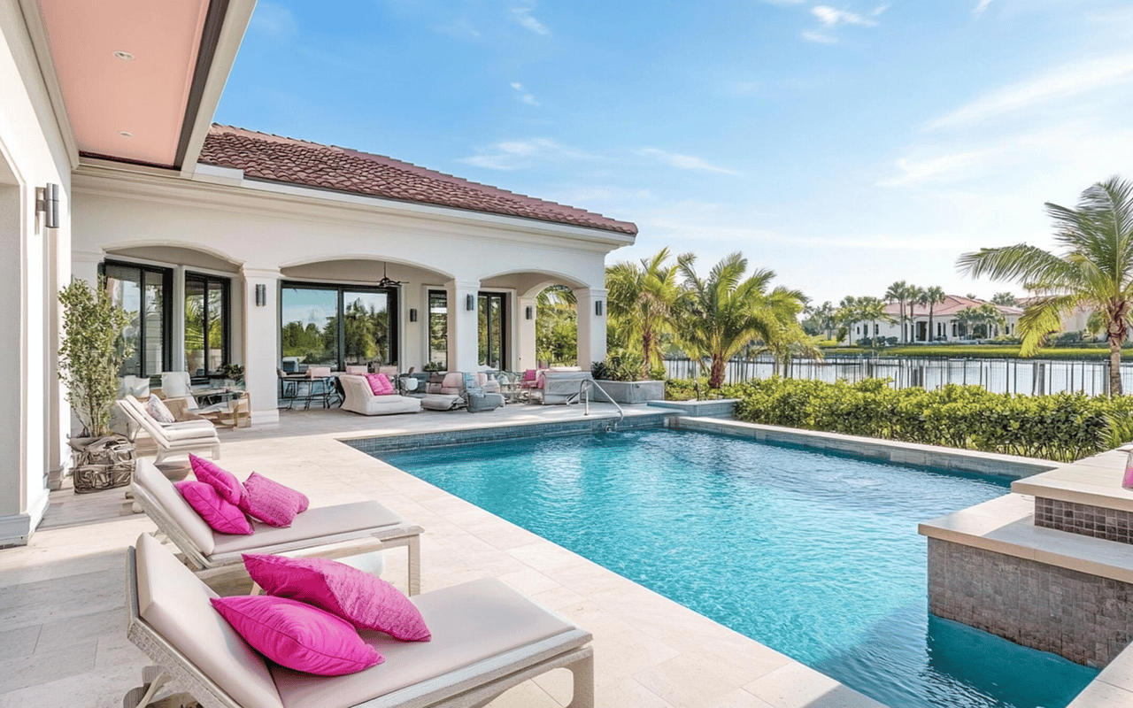 Luxury home pool terrace beside a lake, with palm trees and bright pink lounge cushions.