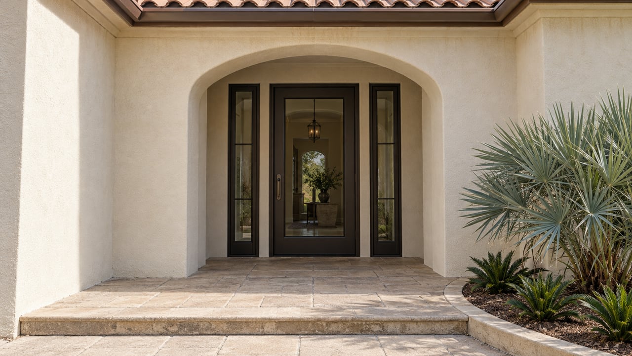 Warm ivory stucco entrance with a recessed arched doorway, bronze-framed glass, tan pavers and silver palm foliage.