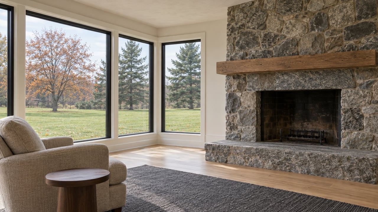 Light-filled sitting room with a granite fireplace, pale oak floors, a wool chair and closed windows overlooking autumn trees.