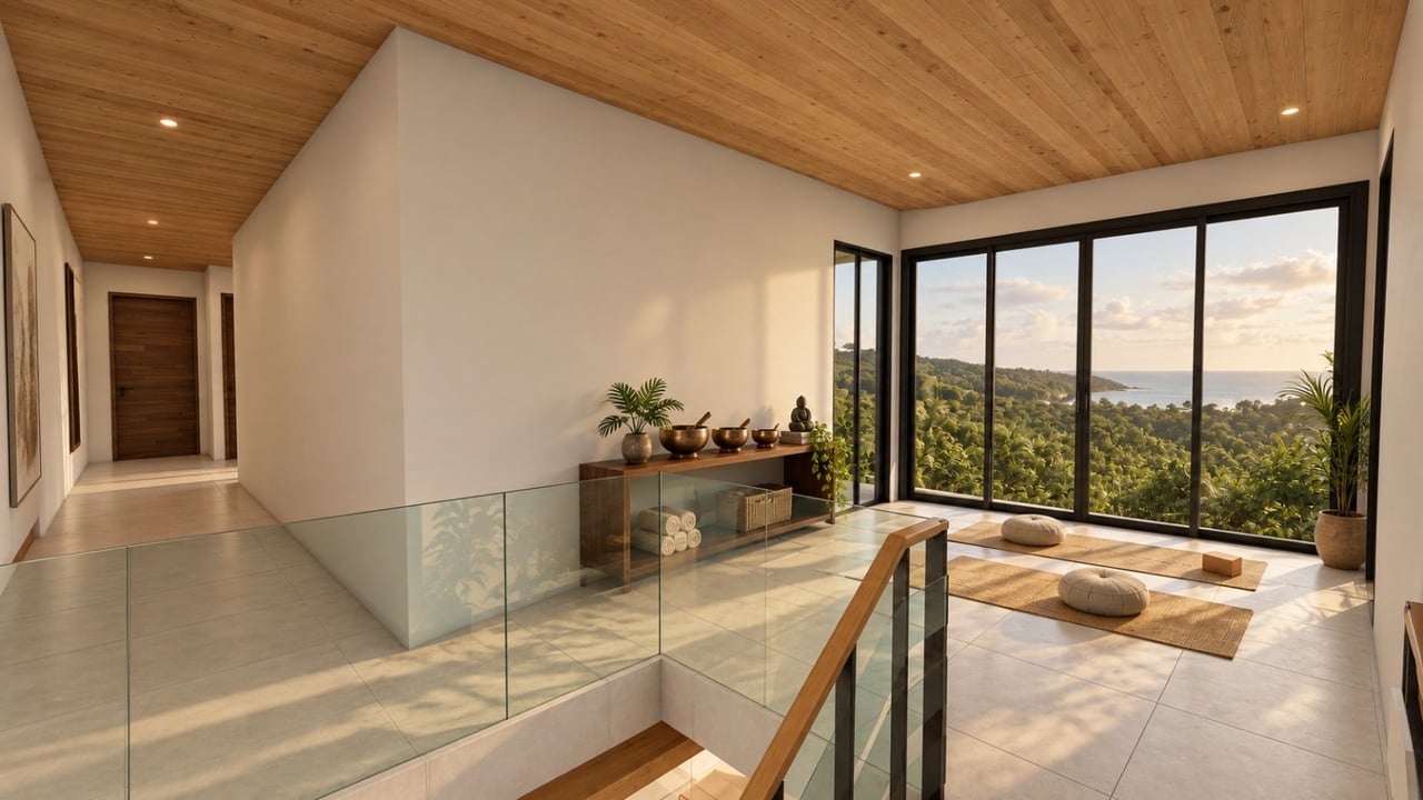Rendered interior with a wood ceiling, glass stair railing, and forest-to-ocean views.