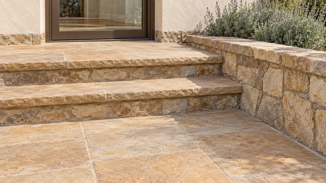Warm sandstone paving and two broad stone steps meet a pale stucco home with a closed bronze-framed glass entry door and silver-green sage.