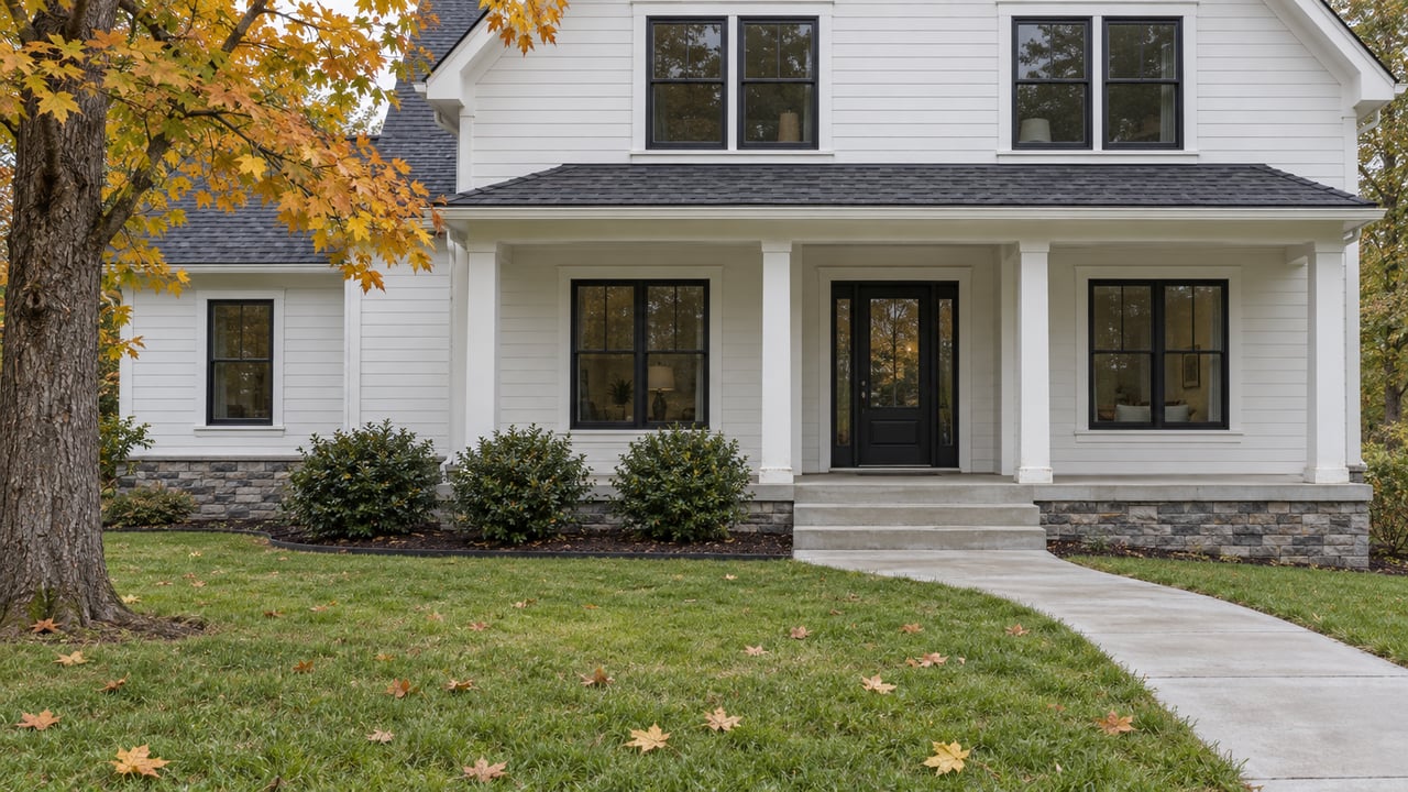 White clapboard house with dark windows and a covered front porch beyond a deep autumn lawn and an amber sugar maple.