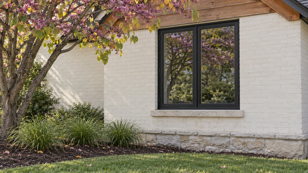 Cream-painted brick house with black-framed casement windows, a redbud canopy, and a narrow planted bed.