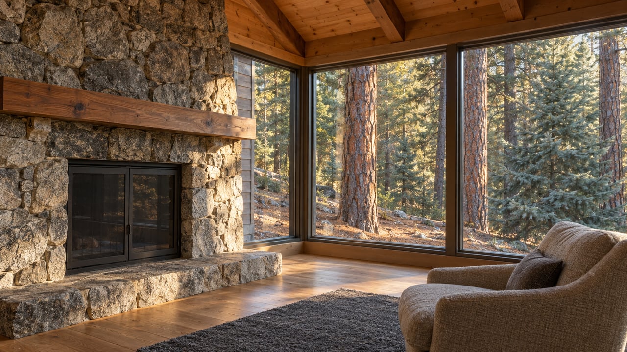Timber living-room corner with a granite fireplace, wool armchair and enclosed picture windows looking onto mature conifers.