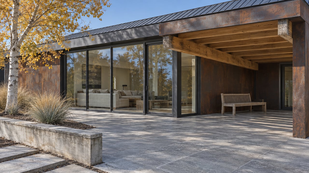 Low modern residence with dark framed glass, weathered steel, a stone terrace and a golden-leaved white-barked tree.