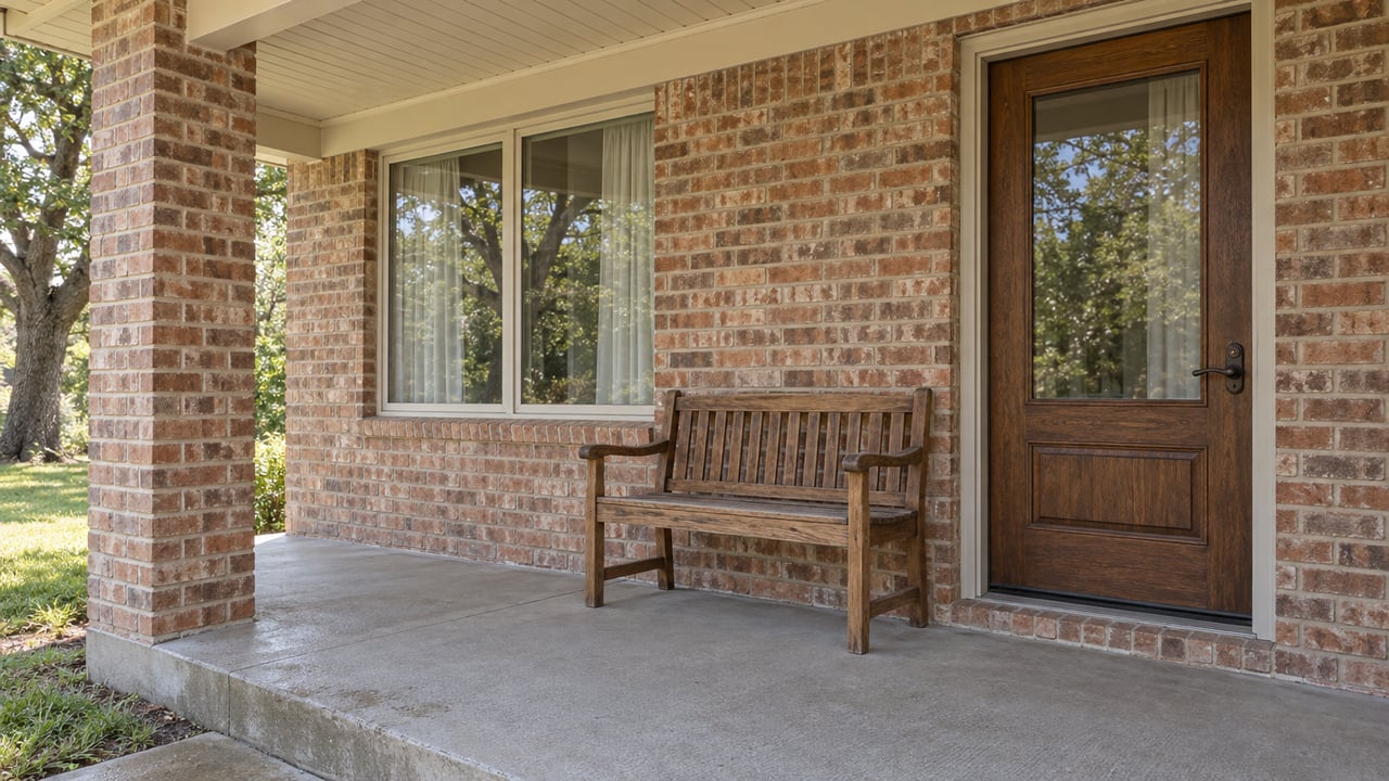 Covered porch of a single-story brick home with a glazed oak door, wood bench and concrete steps beside a mature oak.