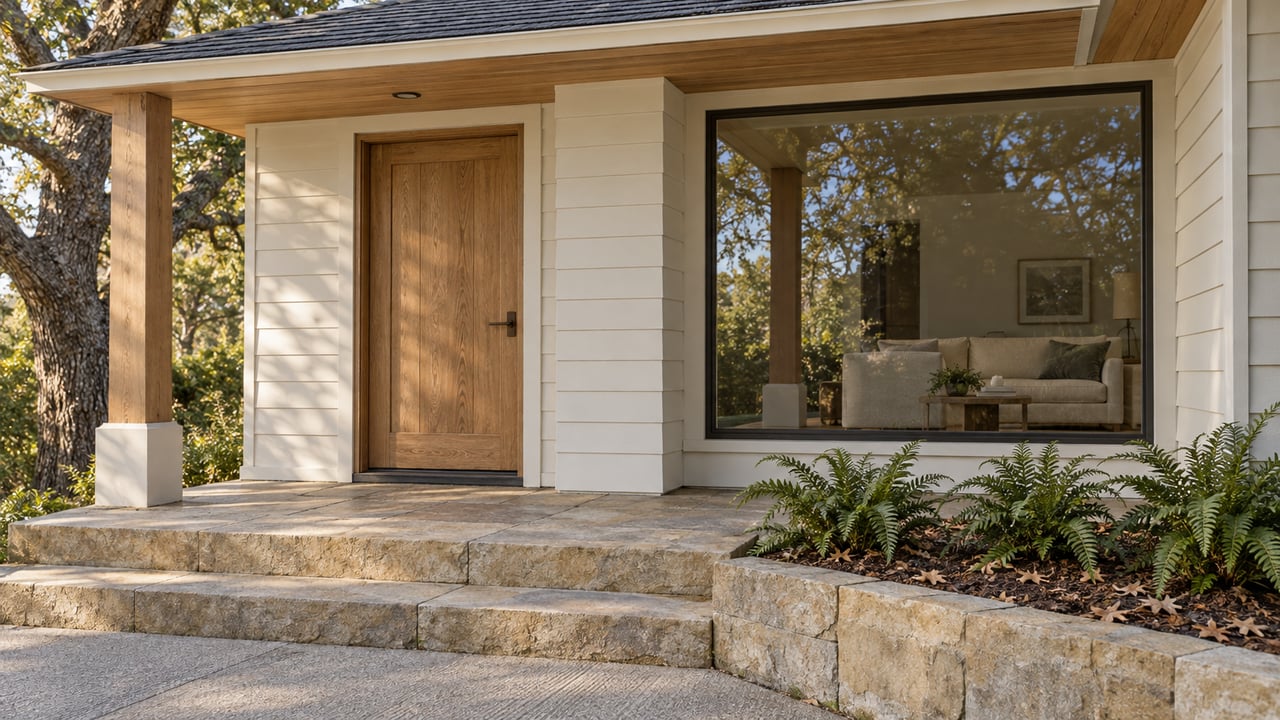 Covered home entry with an oak door, broad window, sandstone steps and a fern bed beneath a pitched roof.