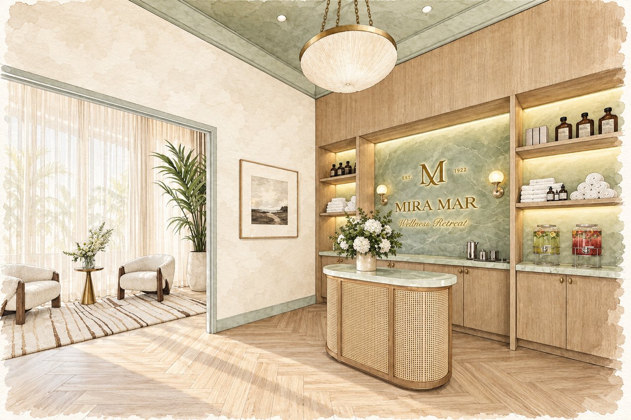 Mira Mar wellness retreat reception with a stone-front desk, illuminated shelving, and lounge seating.
