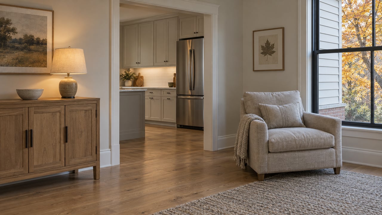 An enclosed sitting room with oak floors, an oatmeal chair, warm lamplight and a view into a pale shaker kitchen.