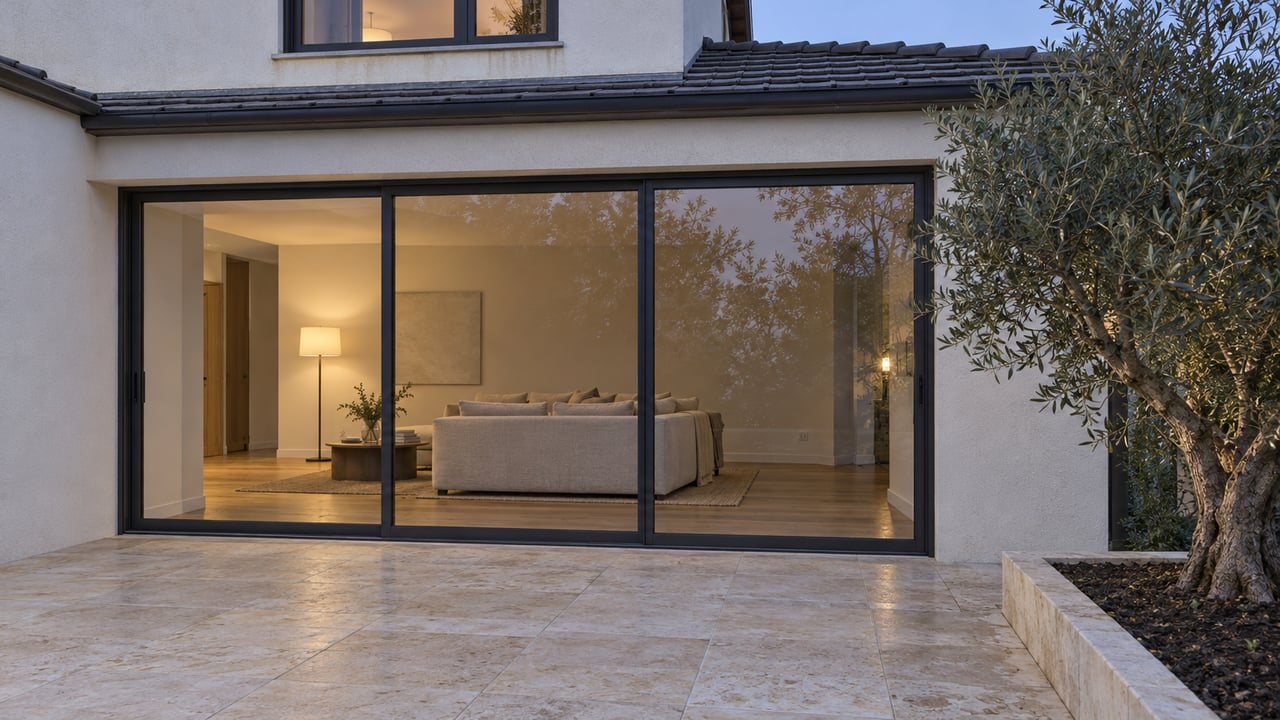 Early-evening terrace beside a warm-white stucco home, with charcoal-framed glass doors, limestone paving and a sculptural olive tree.