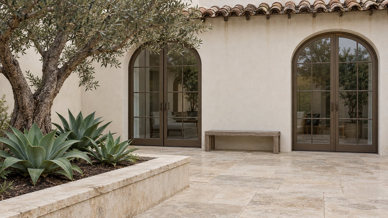 A pale stucco home opens onto a limestone courtyard with arched glass doors, a teak bench, an olive tree and sculptural agaves.