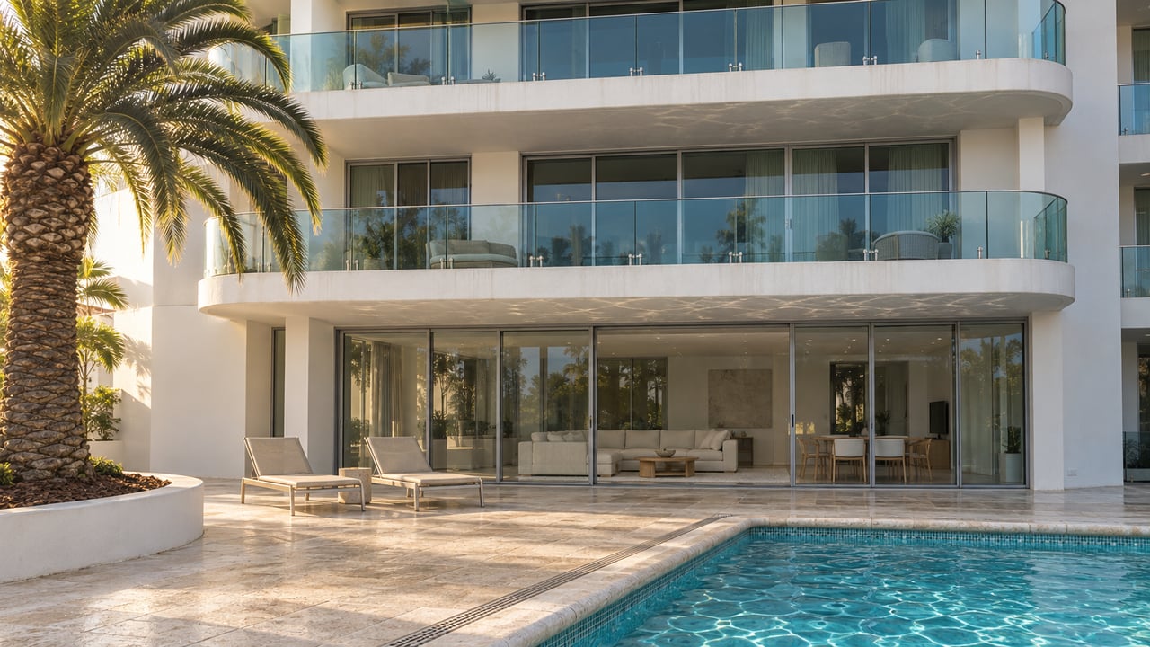 White condominium balconies and blue-green glazing above a turquoise pool, with pale stone decking and one mature palm.