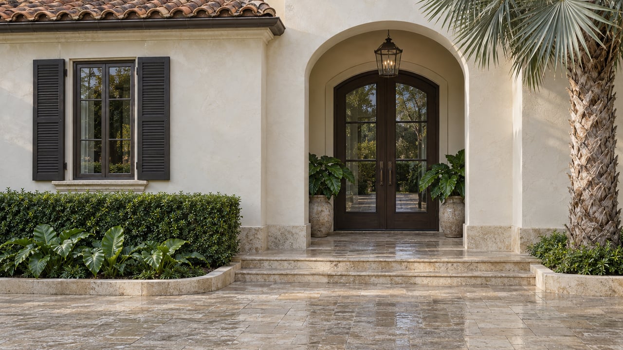 Cream stucco home with a recessed arched double entry, terracotta roof, damp limestone paving and a sculptural fan palm.