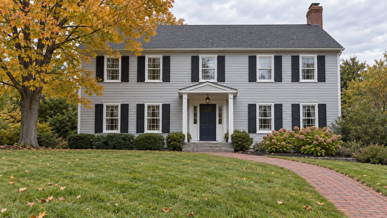 Gray clapboard house with black shutters, a brick walk, and a broad autumn lawn beneath a mature maple.