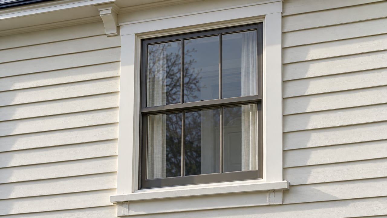 Morning light across a cream clapboard facade and a white-trimmed double-hung window beneath a painted cornice.