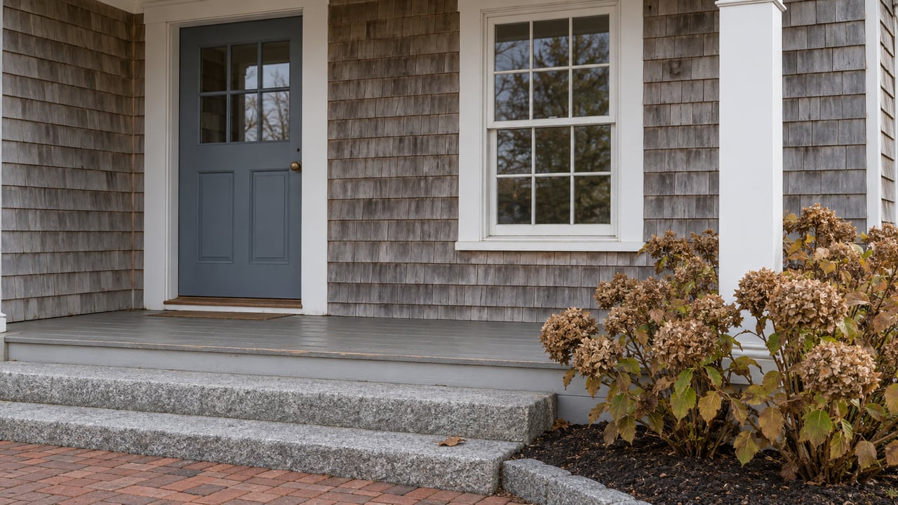 Weathered cedar-shingle home entry with a blue-gray door, white-trimmed sash window, granite steps, and dried hydrangea blossoms.