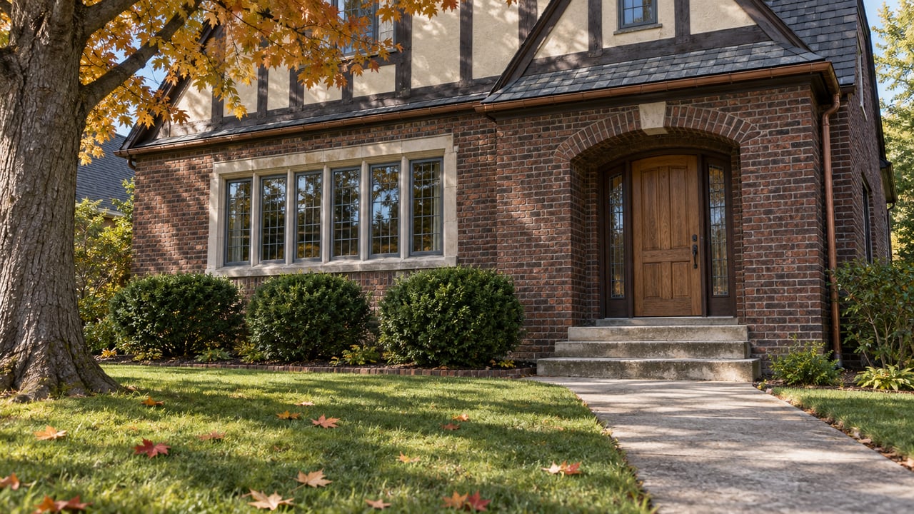 Autumn light on a brick and half-timbered home, with a recessed oak entrance, limestone steps, and a deep green front lawn.