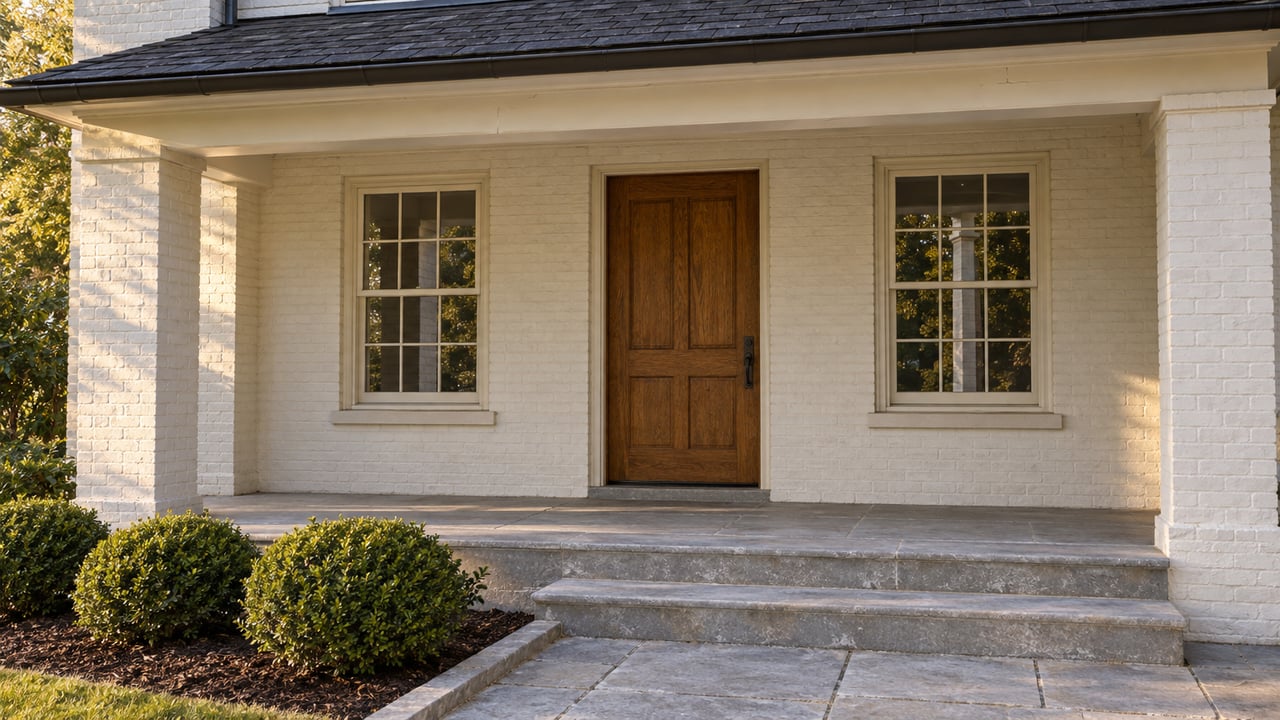 Warm-white brick house porch with an oak door, paired sash windows, limestone steps and three rounded boxwood shrubs.
