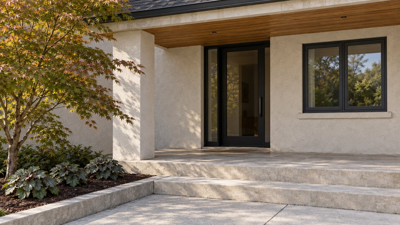 Morning light on a renovated bungalow's stucco porch, wood soffit, black glazed front door, and limestone steps beside a Japanese maple.