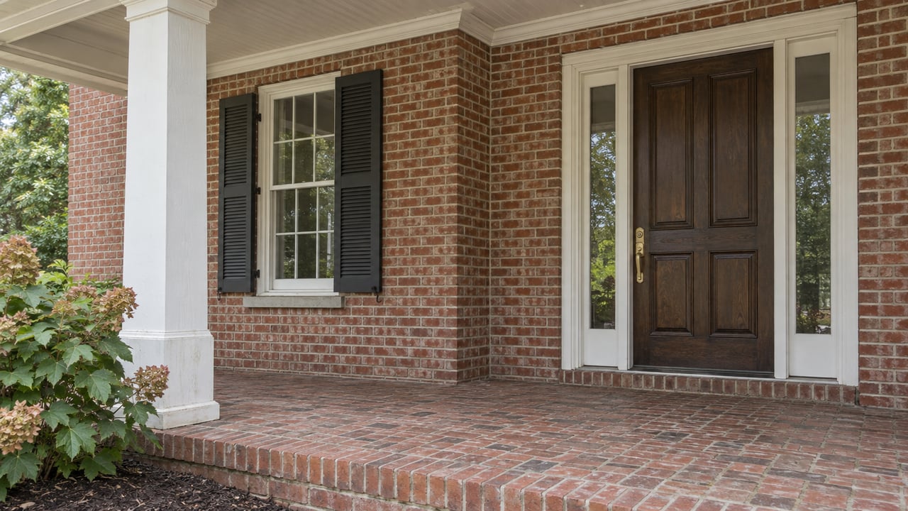 Red brick home porch with a white column, dark wood entry door, paired shutters and oakleaf hydrangeas beside raised brick paving.