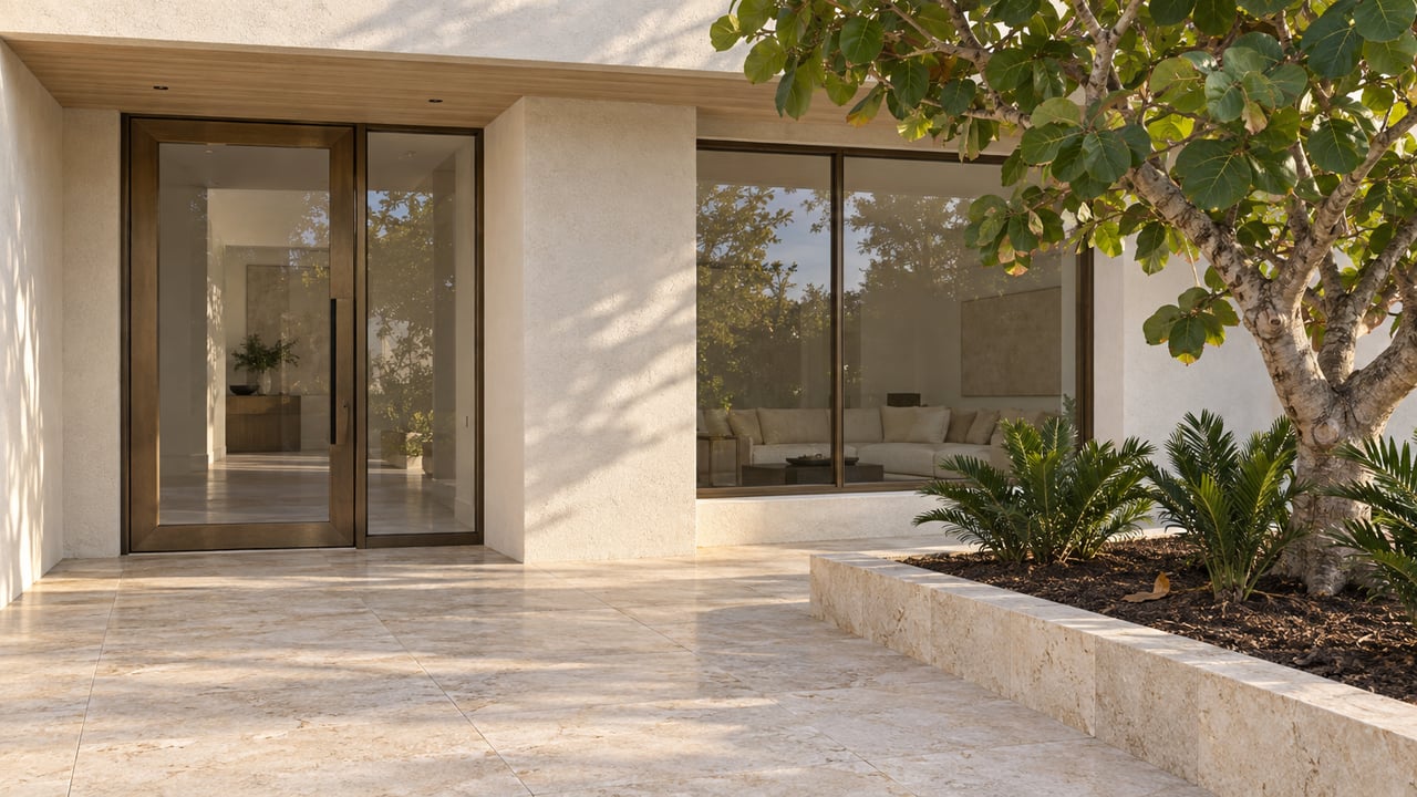 Light stucco home entry with bronze-framed glazing, limestone terrace and a sculptural sea grape tree in a raised planting bed.