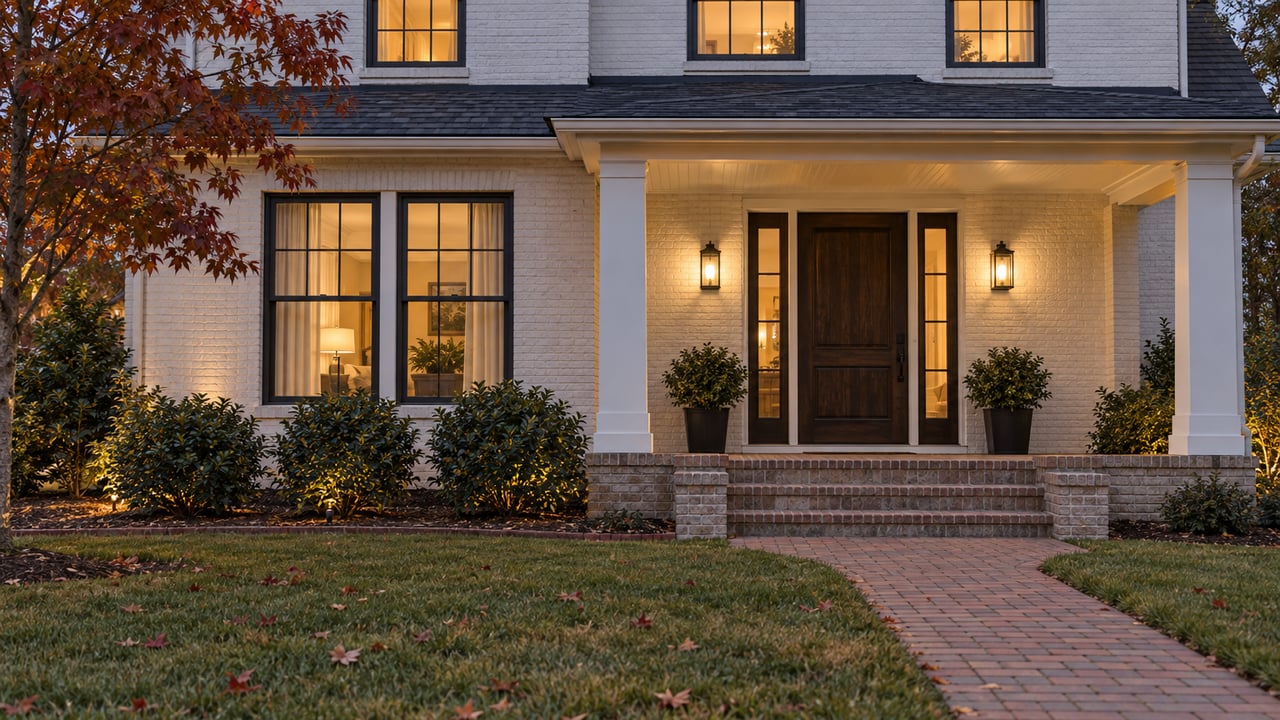 Ivory painted-brick home at blue hour, with warm windows, an oak entry door, brick steps and an autumn lawn.