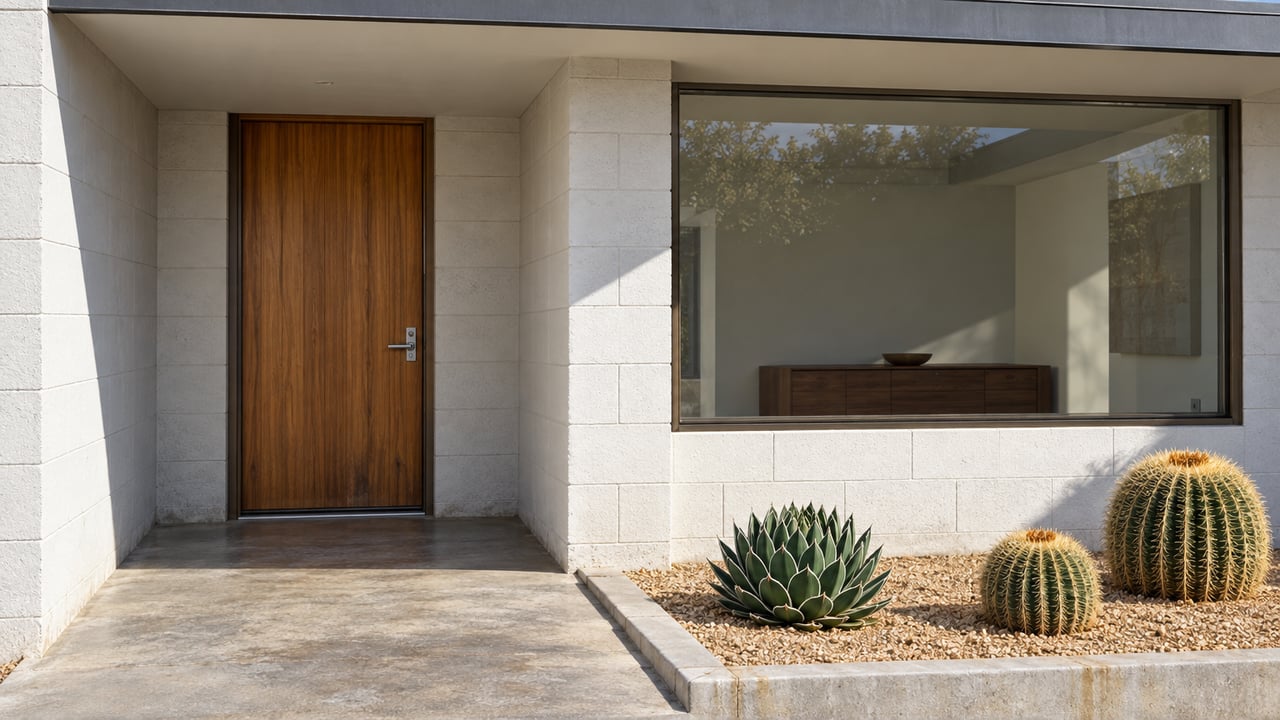 Sunlit flat-roof home entry with a teak door, white painted block, bronze-framed window, and a small cactus planting beside the concrete landing.