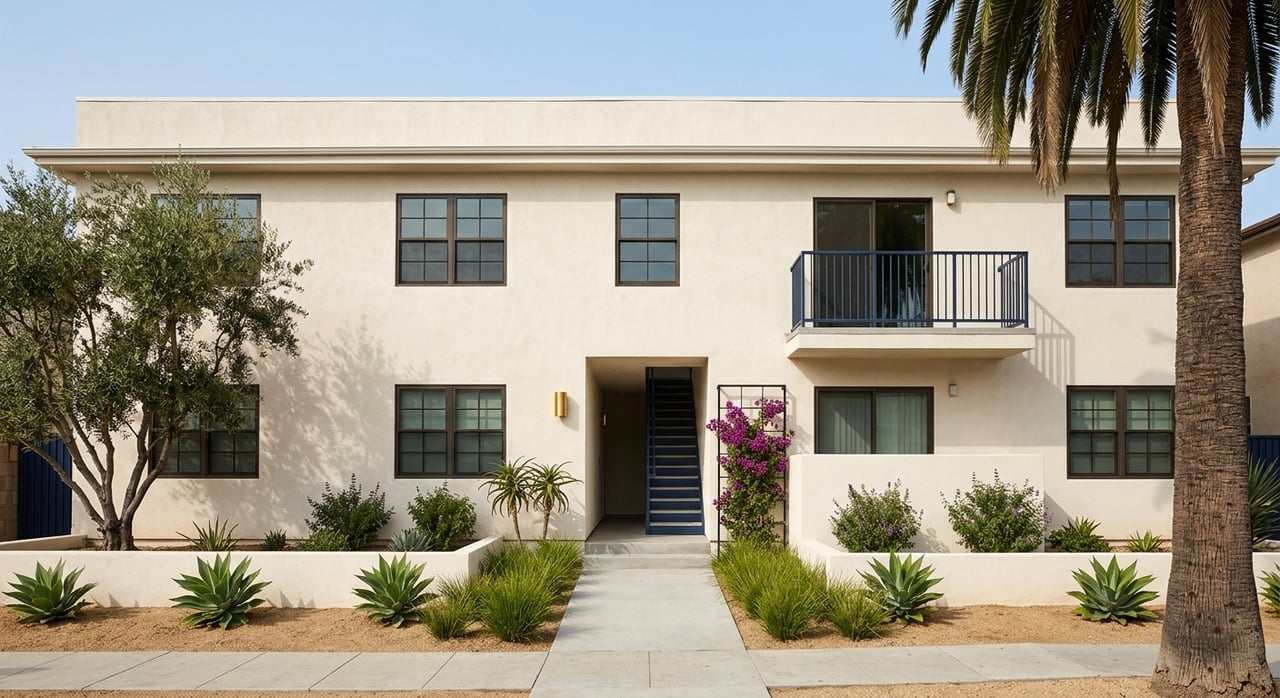 Two-story stucco apartment building with a centered breezeway, navy railings, and a landscaped concrete entry path.