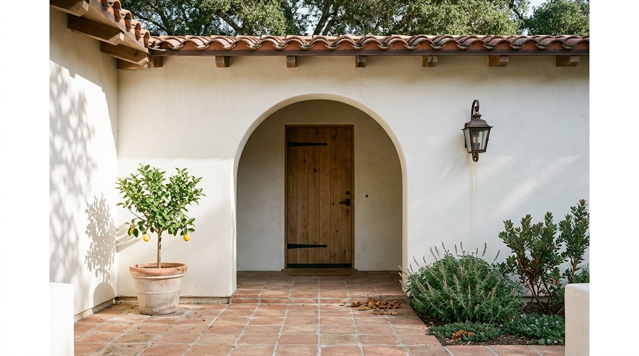 Arched stucco entry frames a plank oak door, with a potted lemon tree and wrought-iron lantern.
