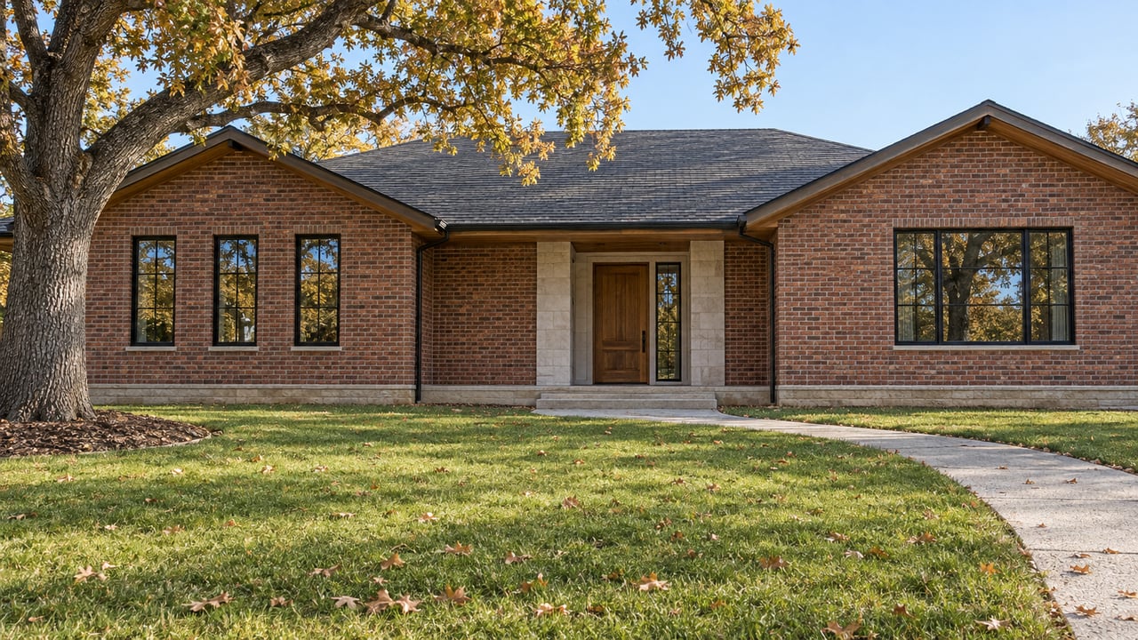 A low red-brick home with black-framed windows and a recessed oak entrance sits beyond a broad autumn lawn beneath a mature oak.