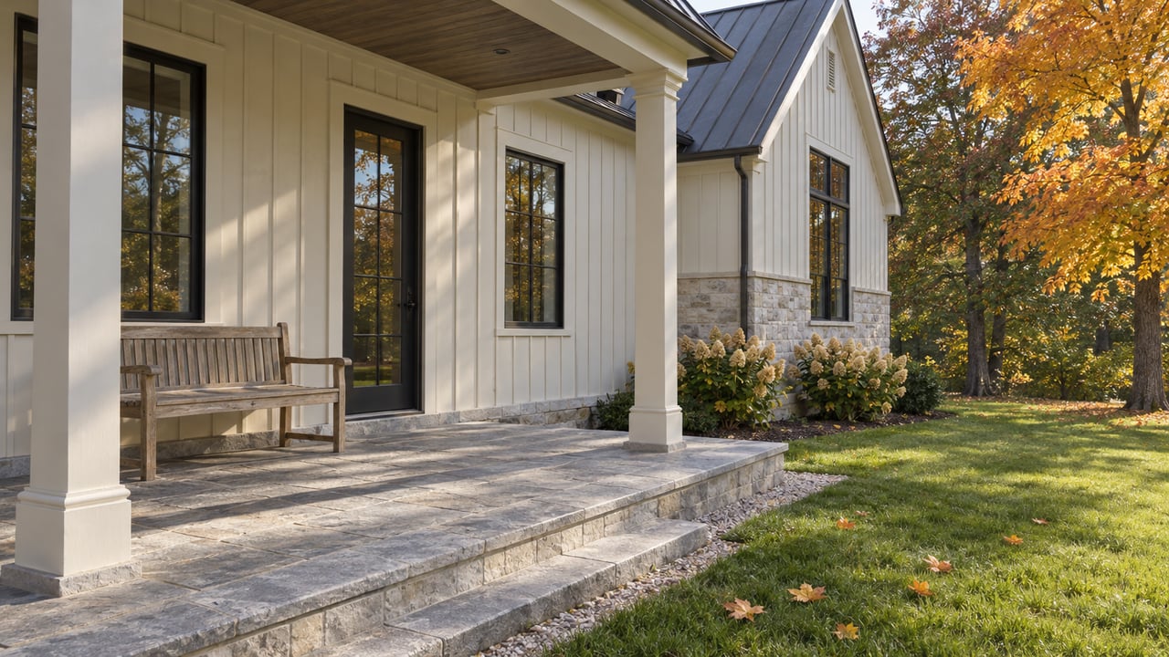 Covered stone porch beside a cream board-and-batten home with black-framed windows, pale limestone and autumn trees.