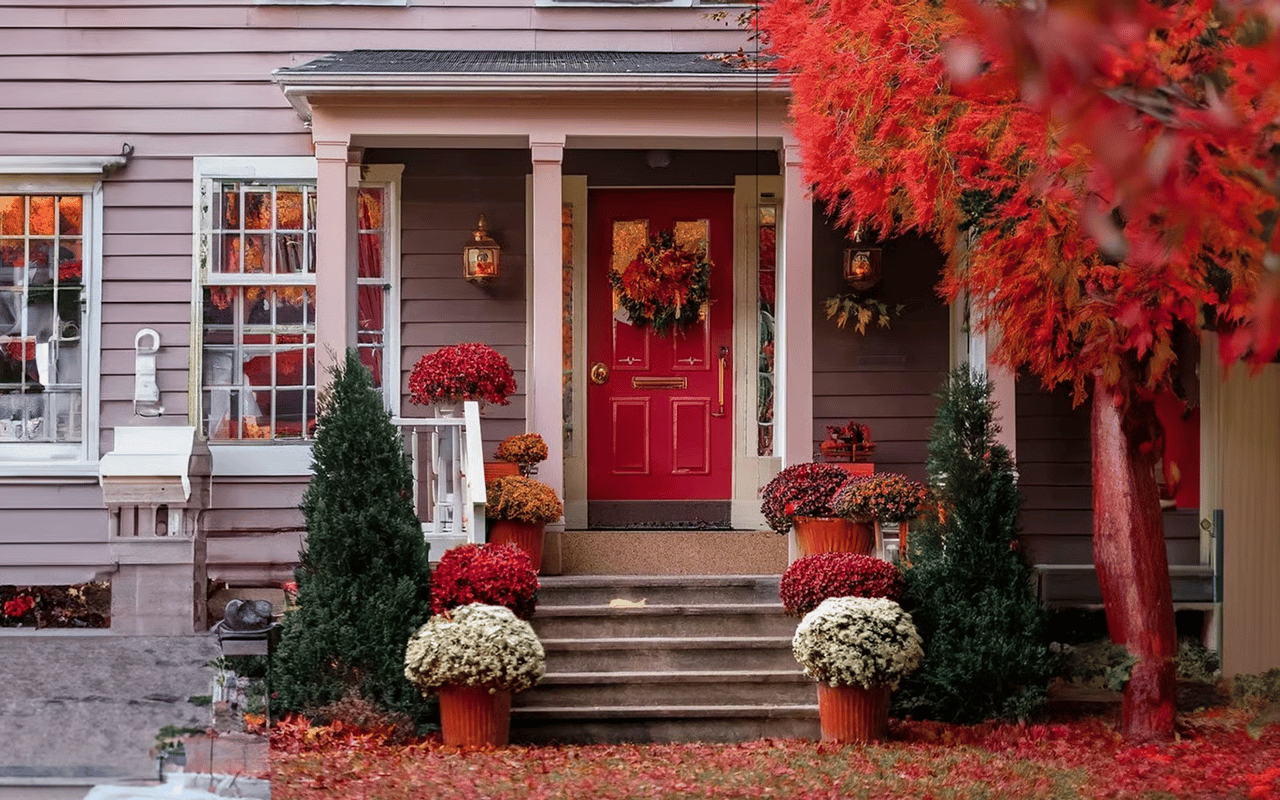 Home entrance with a red front door, autumn wreath, and colorful foliage framing the steps.