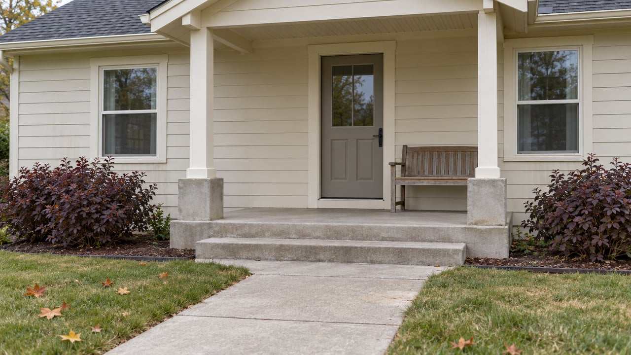 Cream-sided home with a modest gabled porch, a weathered cedar bench, burgundy ninebark shrubs and a concrete front walk.