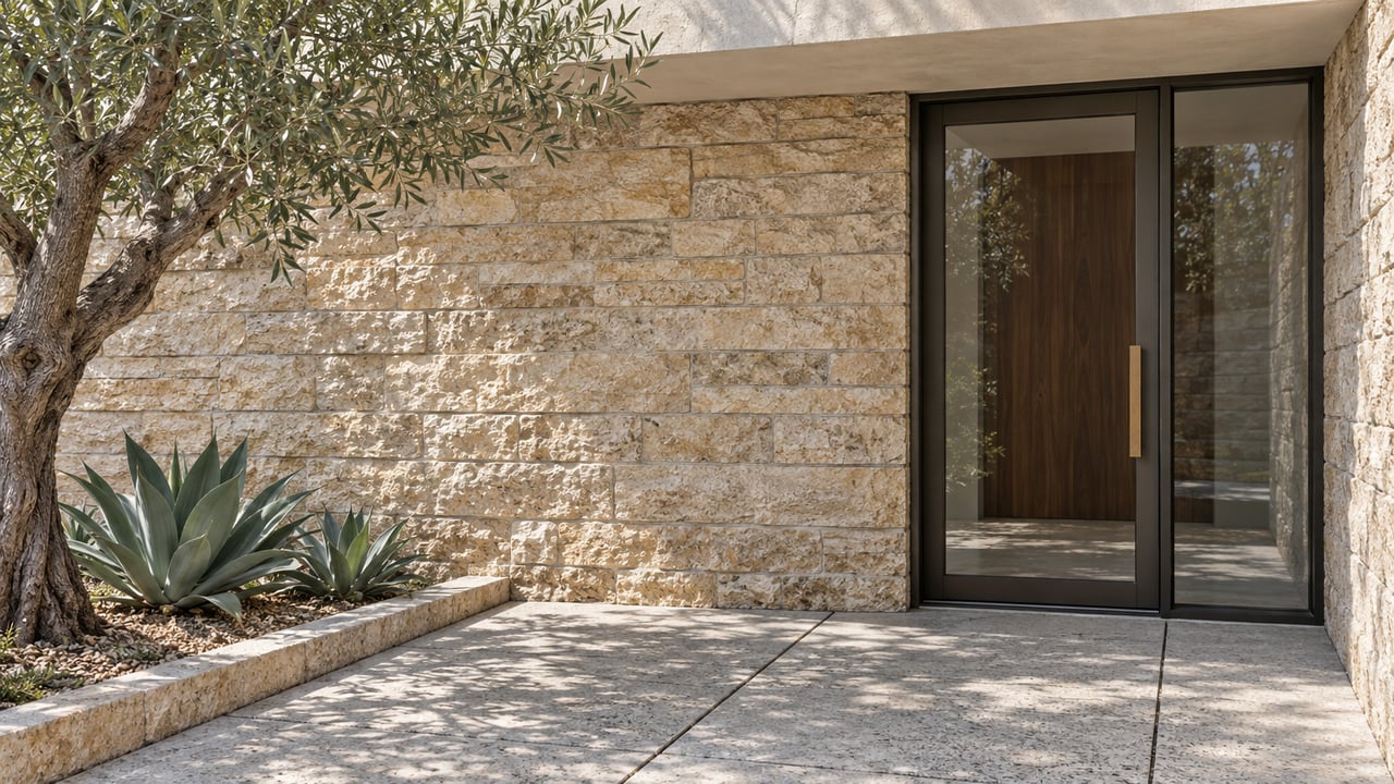 Close view of a modern home's limestone entrance, dark-framed glass door and concrete paving beside an olive tree and two agaves.