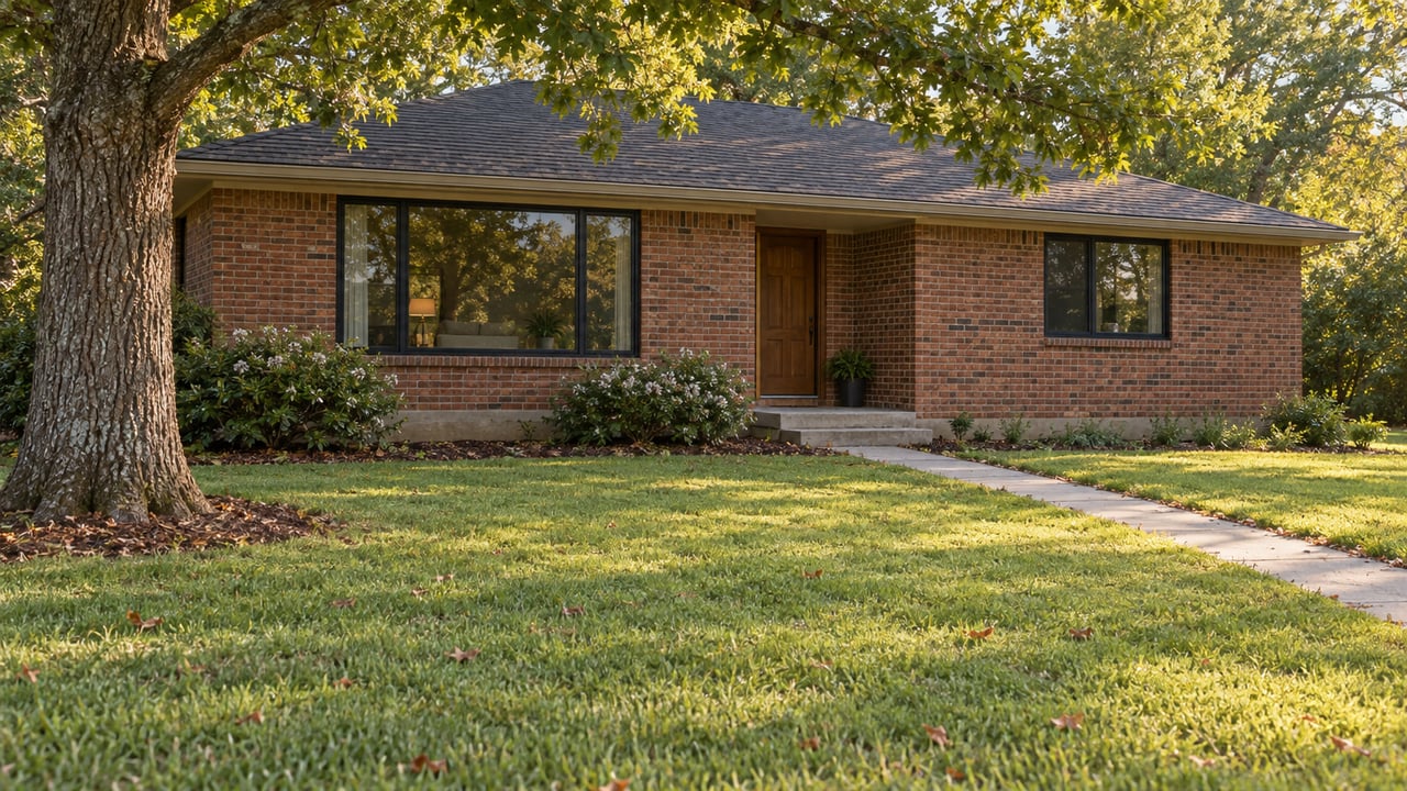 Single-story brick ranch beyond a broad lawn, with a diagonal concrete walk, timber entry, and oak canopy.