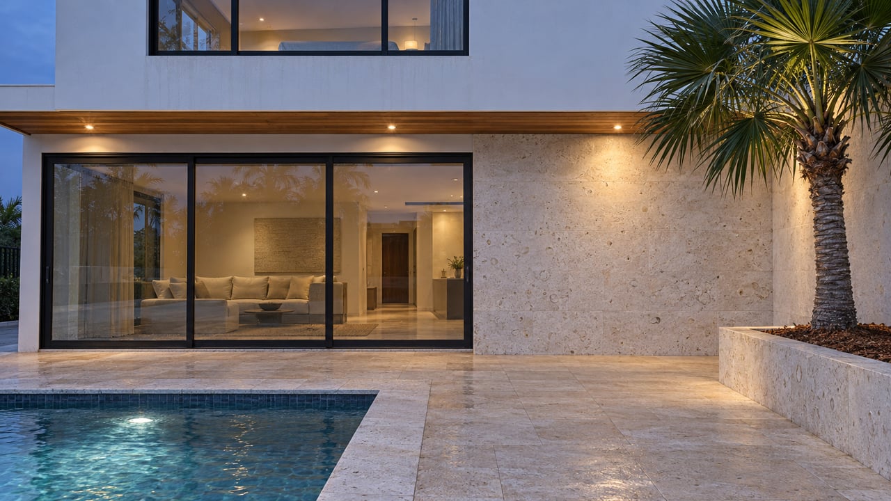 Blue-hour view of a white stucco home with wood soffits, closed glass sliders, limestone terrace and a softly illuminated pool corner.