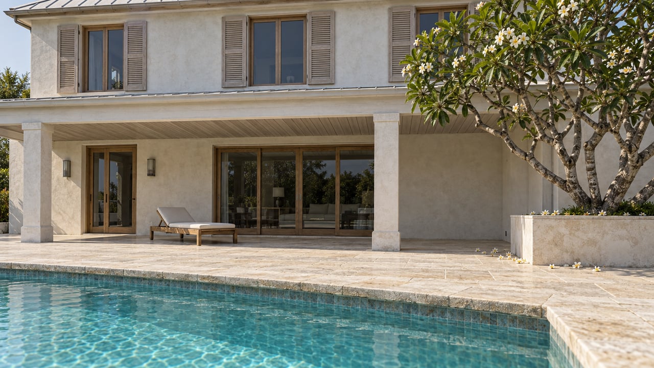 Coastal villa with a turquoise pool, limestone terrace, shuttered windows, and a plumeria tree in a raised planter.