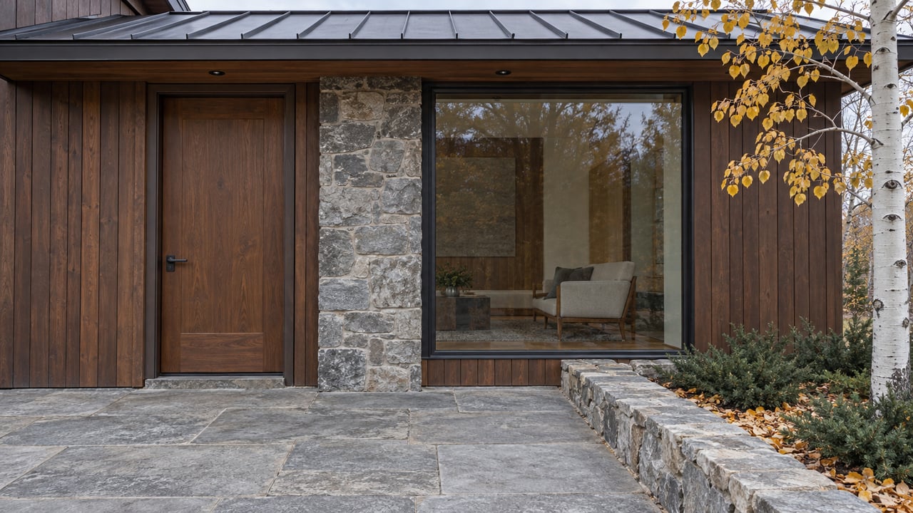 Autumn light on a wood-clad home's closed entry, charcoal metal roof, stone terrace and gold aspen leaves.