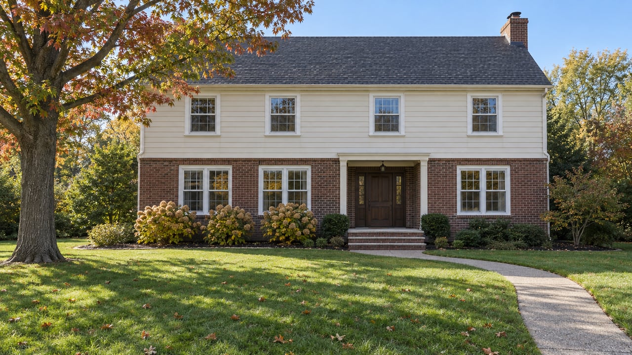 Two-story cream-sided and brick home beyond a broad autumn lawn, with a mature red oak and a curved concrete entry walk.