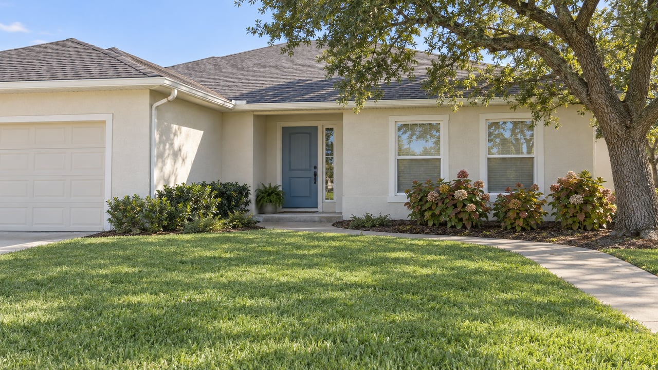 Single-story ivory stucco home with a blue front door, broad lawn, and spreading oak beside a concrete approach.
