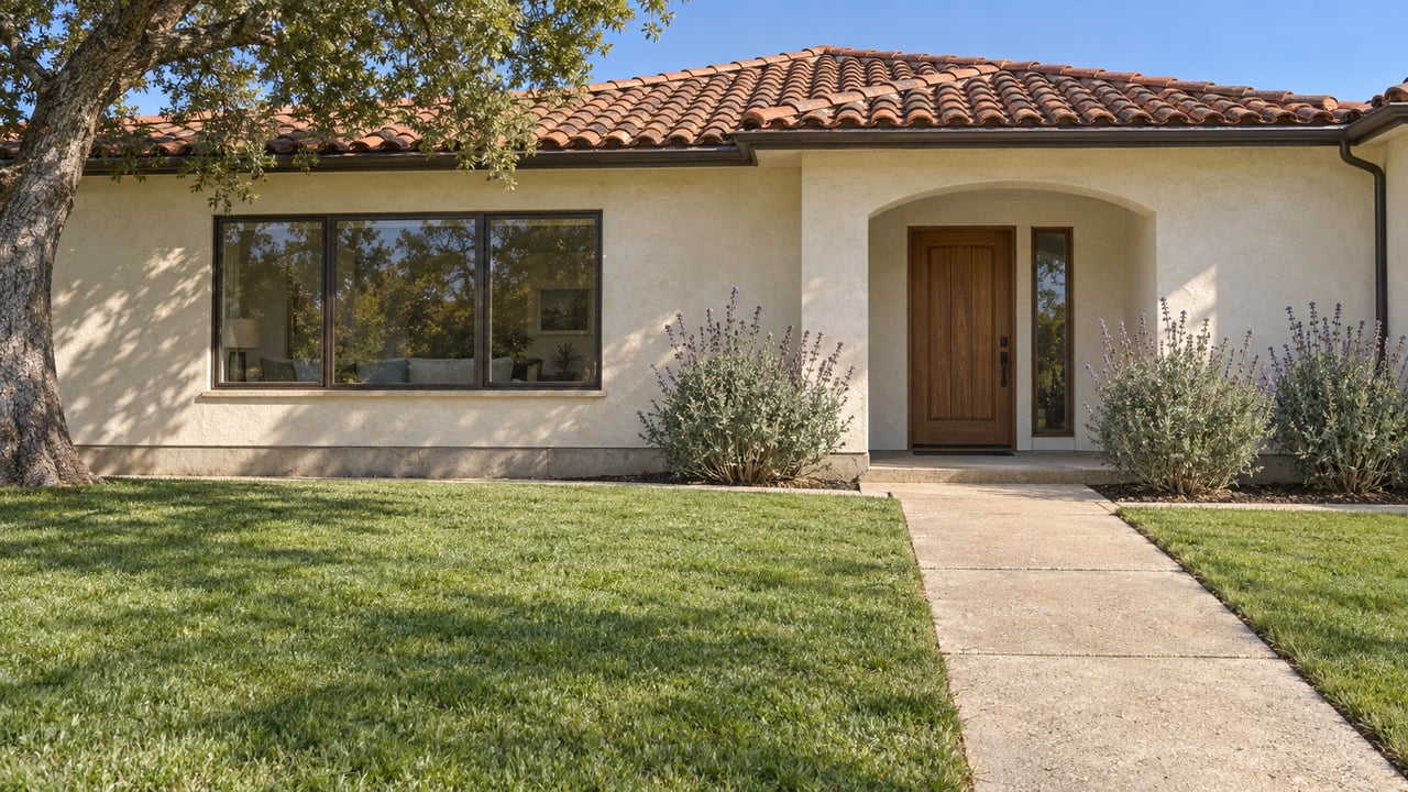 Cream stucco home with a red clay tile roof, broad front lawn, curved entry arch and mature oak in warm morning light.