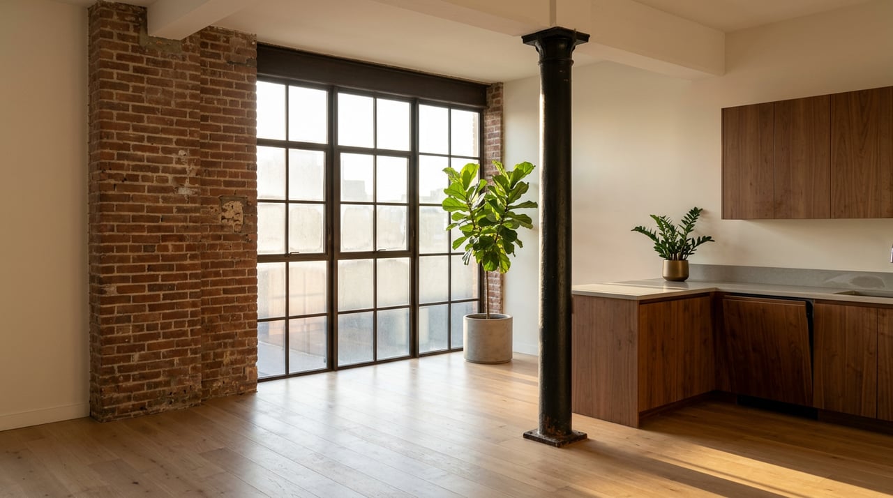 Loft interior with a brick pier, black cast-iron column, steel-framed windows, walnut cabinets, and backlit plants.