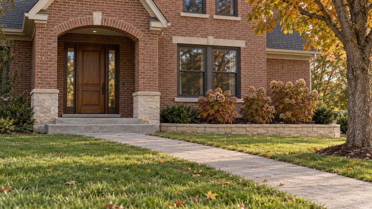 Brick home with a limestone-trimmed covered entry, deep autumn lawn and an amber-leaved maple.