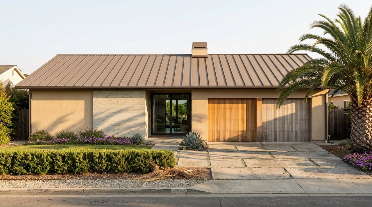 Single-story stucco home with bronze metal roof, cedar garage door, palm, and paver driveway.