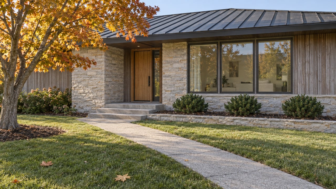 Contemporary stone-and-wood home with a walkway beneath orange autumn foliage.