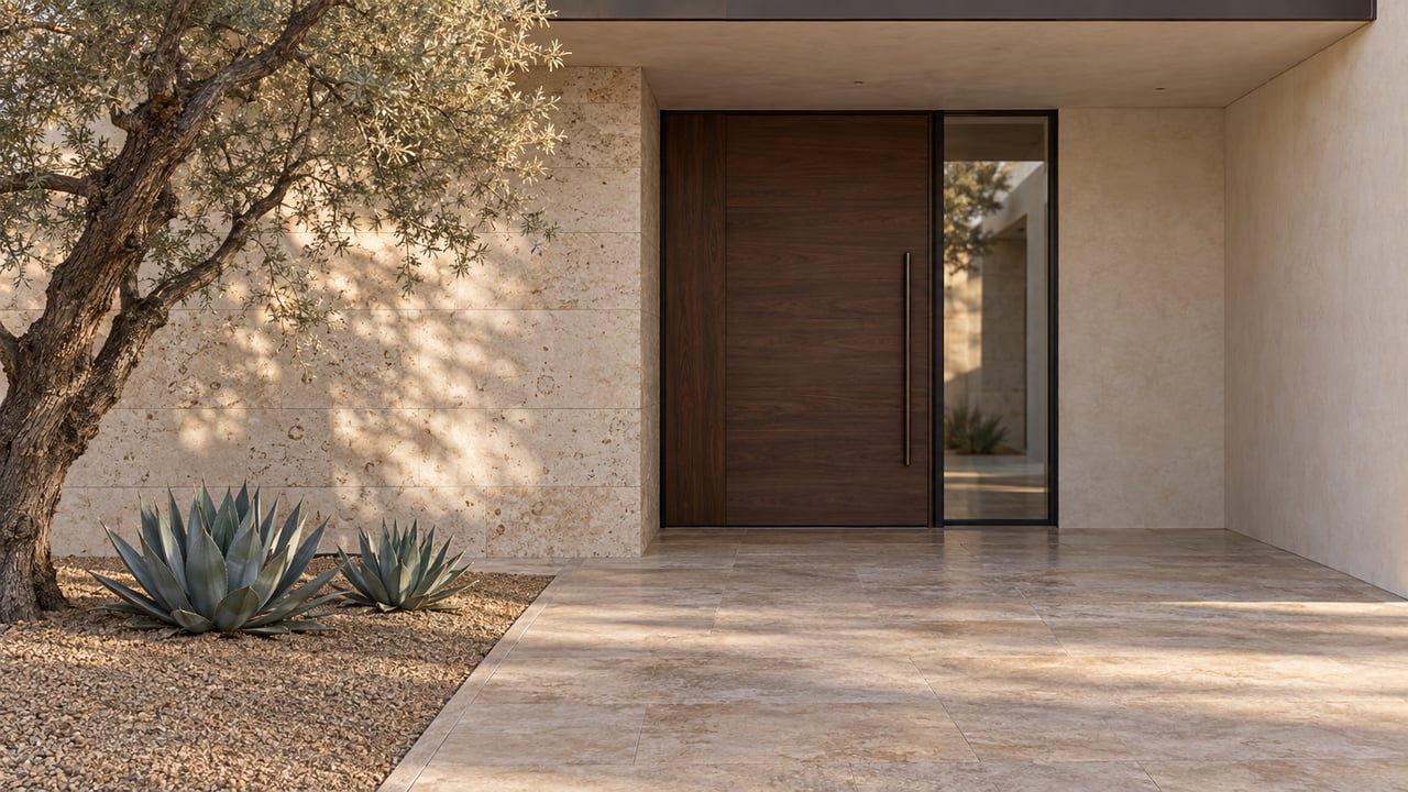 Recessed walnut-tone entry door beside pale limestone walls, with a desert tree and agaves in gravel.