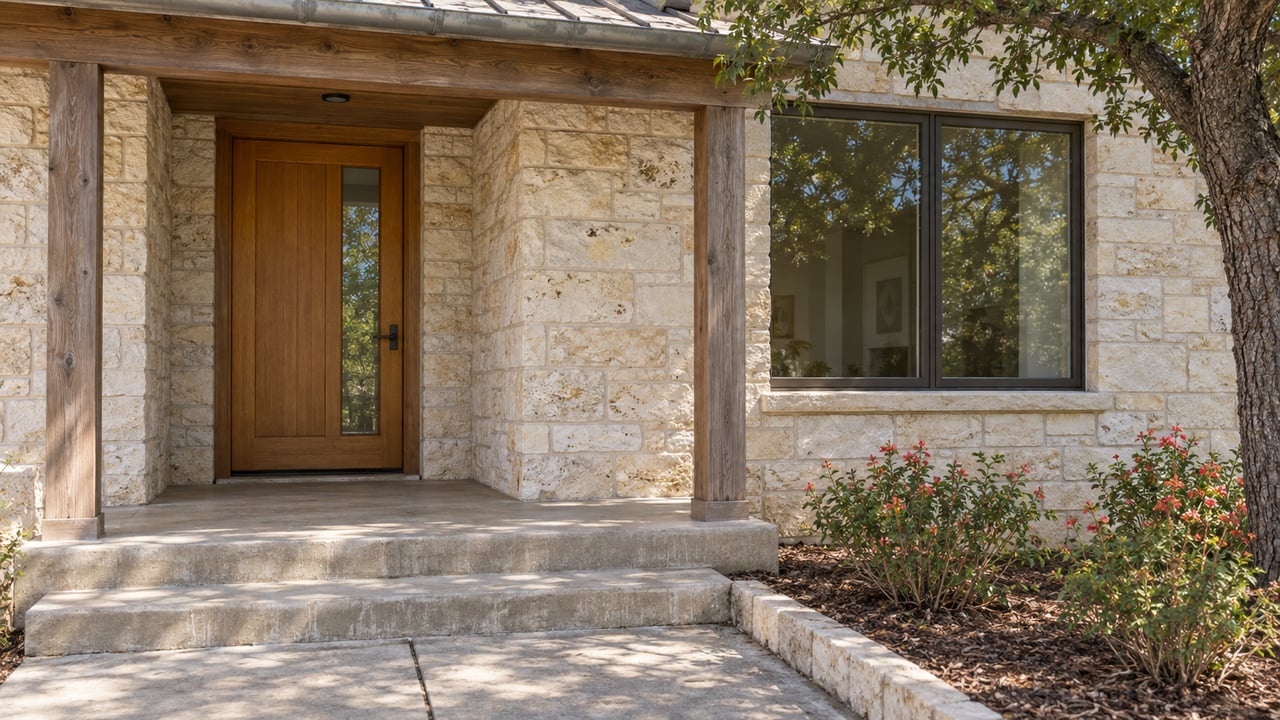 Limestone home entry with a timber door, paired window panes, cedar porch posts, and concrete steps beside flowering sage and a mature live oak.