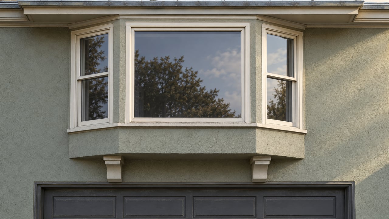 Sage stucco house facade with cream-painted bay-window frames above a charcoal garage door, photographed in soft morning light.