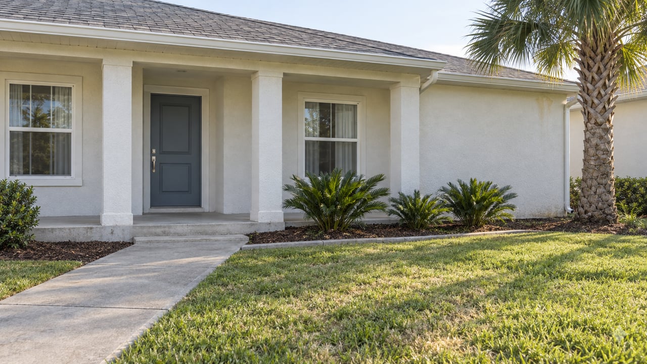 Morning light across a broad lawn and concrete walk leading to a white stucco home with a slate-blue door and a single palm.