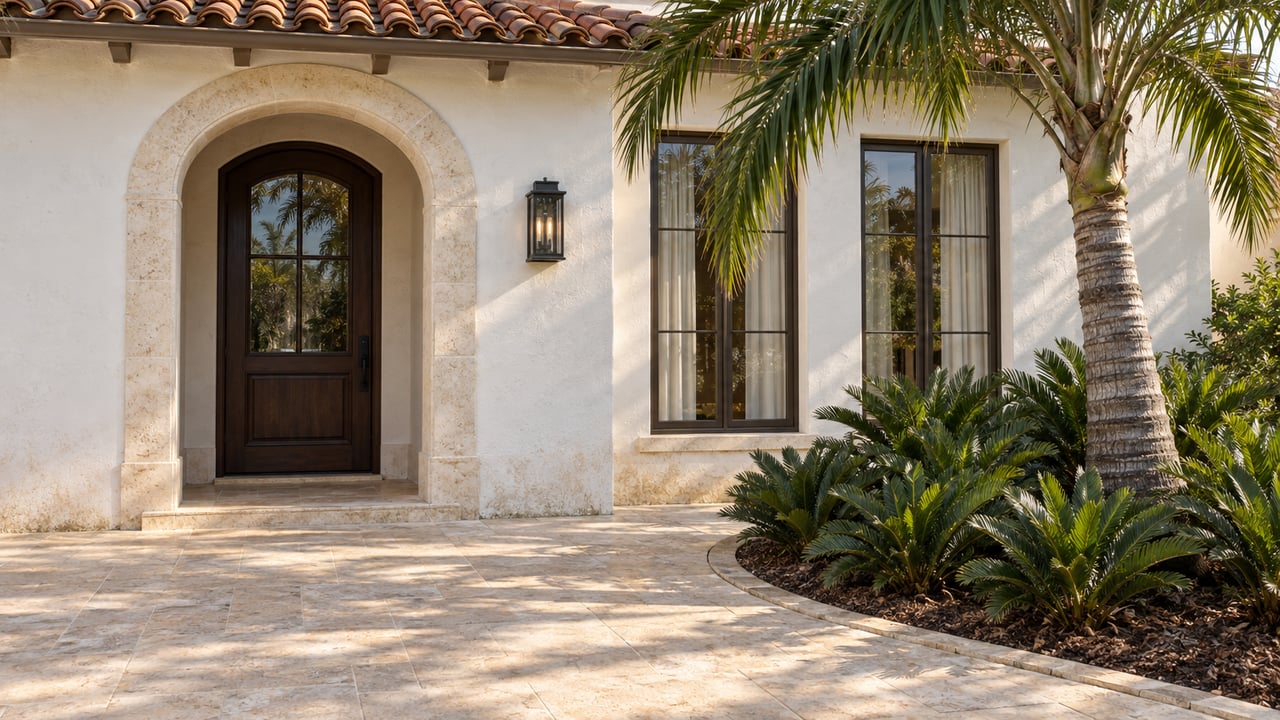 White stucco villa entrance with a terracotta eave, limestone approach, dark timber door and sculptural palm beside low cycads.